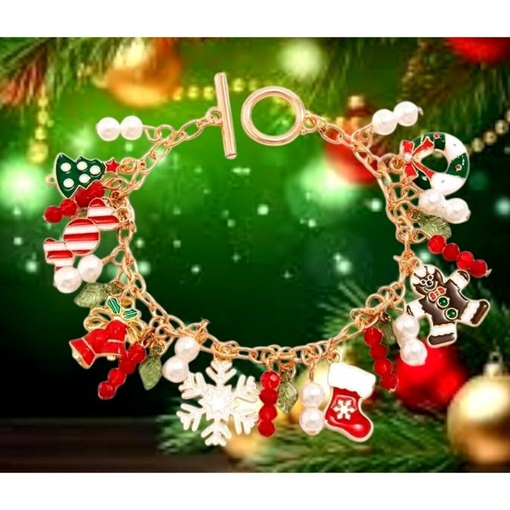 Christmas Charm Bracelet New Bells Gingerbread Man Stocking Wreath Candy…